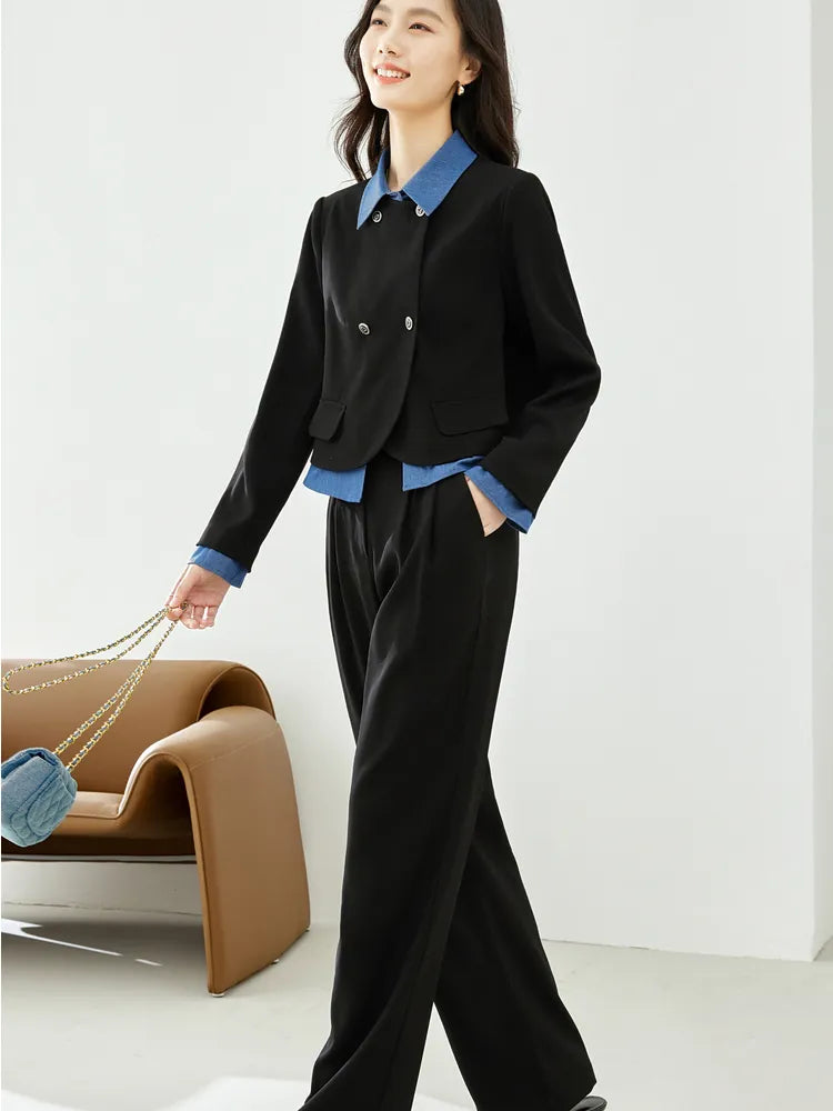 Workwear Women's Autumn Outfits Patchwork Short Jacket Wide Leg Pant Sets for Women Two Piece New in Matching Set