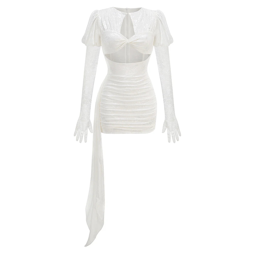 White Red Women Long Sleeve Sexy Lace Draped Bodycon Mini Dress Gloves Nightclub Party Celebrate Birthday Dress