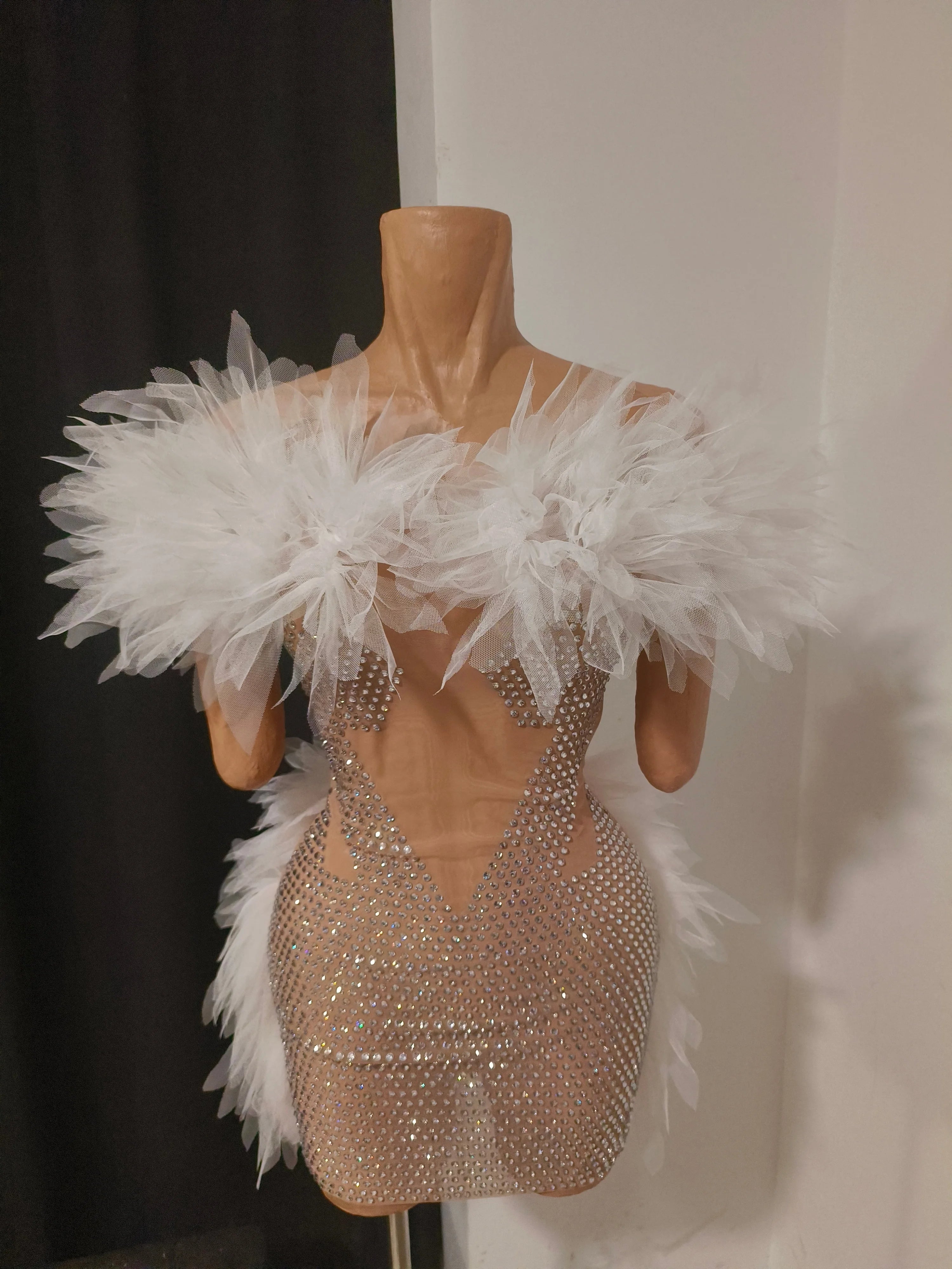 Bridal Shower Nightclub Birthday Party Dress Elegant Lace White Crystal Rhinestone Sheer Illusion Neck Tulle Mesh Mini Dress