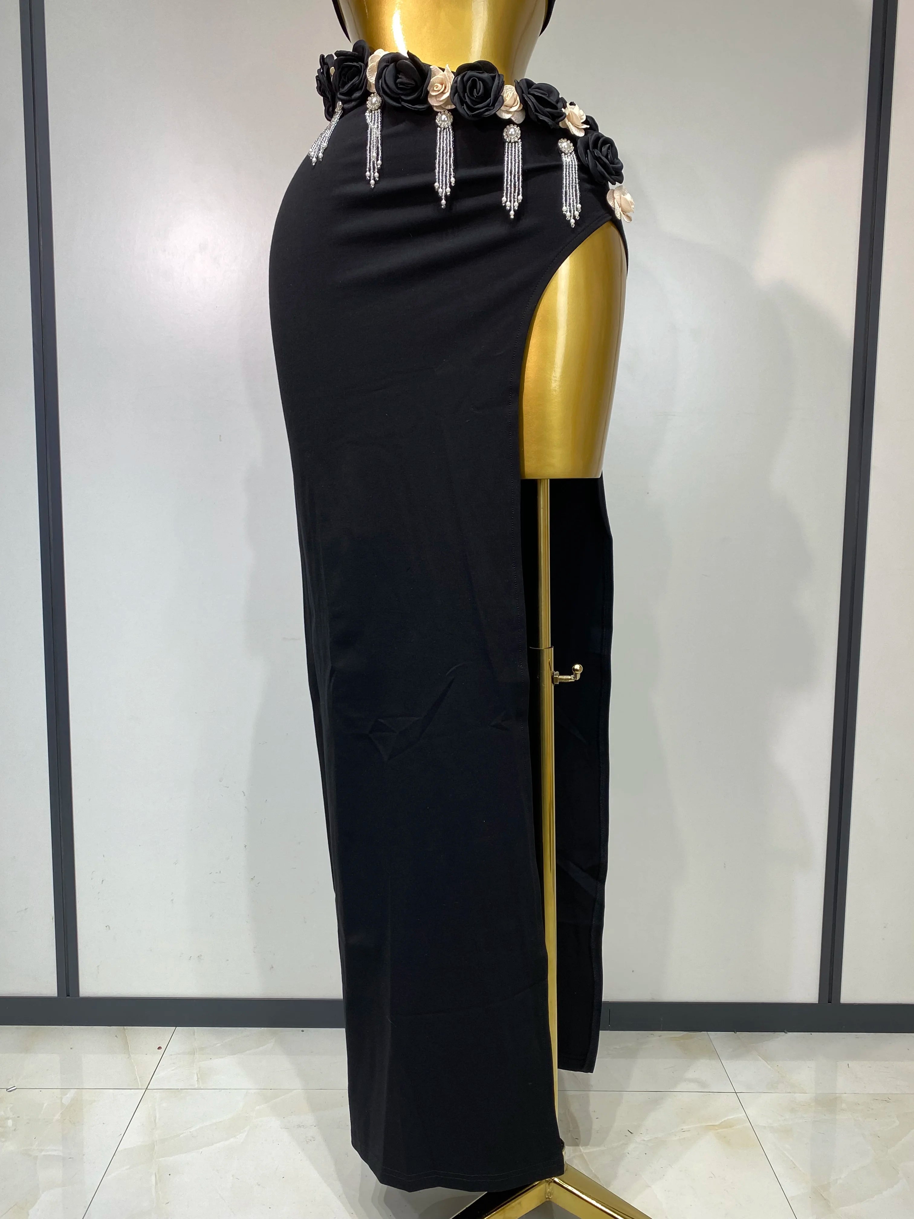 Women Sexy Flower Strapless Top High Slit Long Skirt Elegant Evening Party Two Piece Set Luxury Birthday Club Gown
