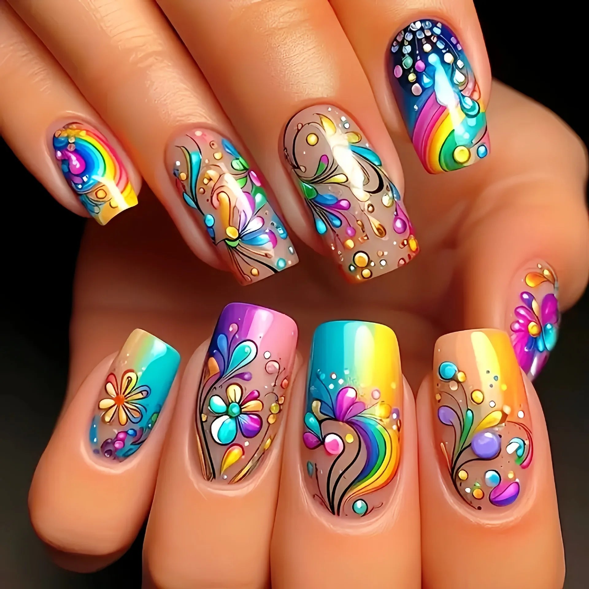 24pcs/set medium long fake nails for Spring summer season beautiful peach flowers butterfly design press on false nail art tips 1805