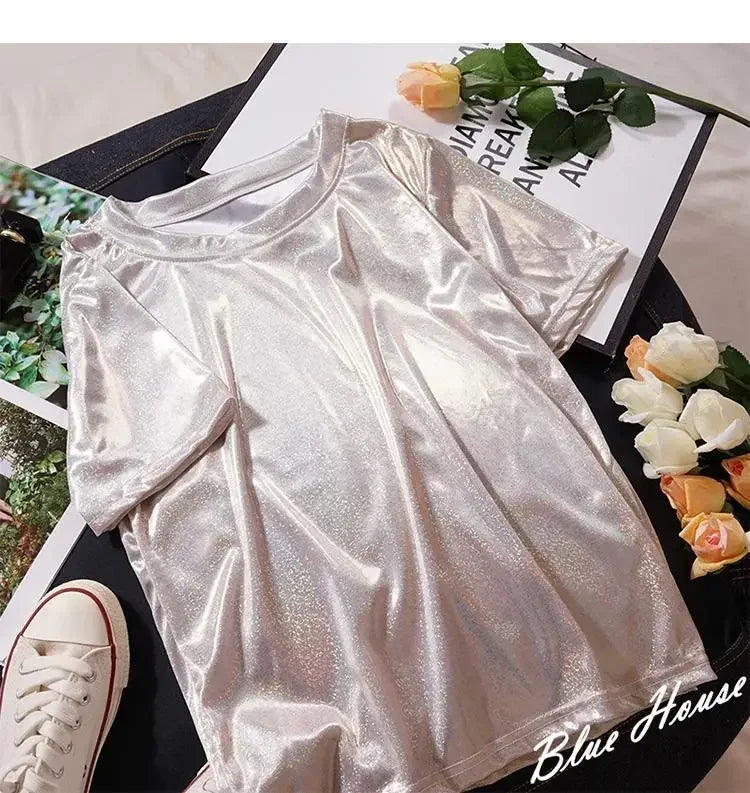 S-5XL Womens Sparkly Shiny Metallic Holographic Round Neck Short Sleeve Casual Loose Top Festival Party Tee Shirt Female Clothes APRICOT