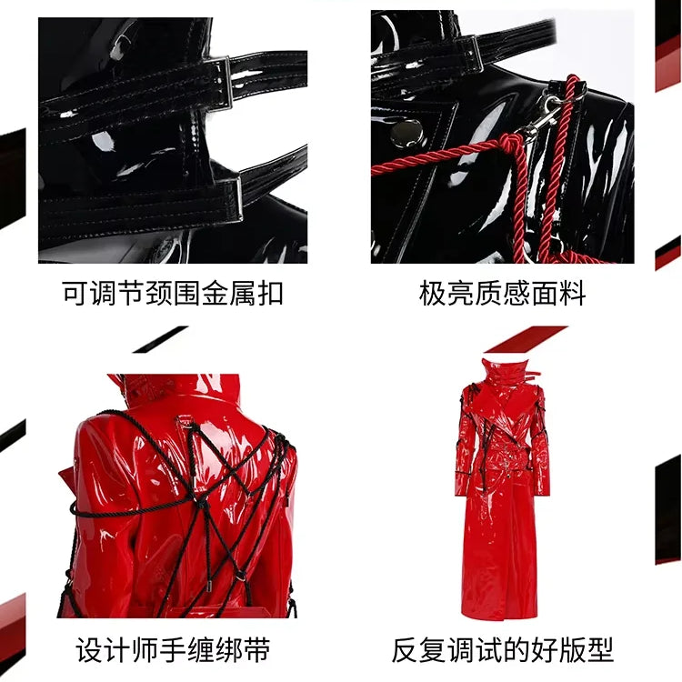 Lautaro Spring Long Cool Shiny Reflective Hard Patent Pu Leather Coat for Women Belt Luxury Designer Punk style Lace Up Clothes