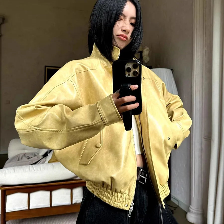 Lautaro Autumn Cool Short Oversized Distressed Yellow Pu Leather Jacket Women Zipper High Quality American Retro Unisex Clothes Yellow