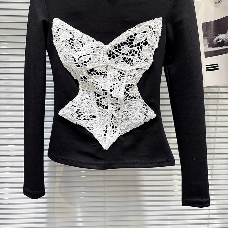 Winter New Fashionable Lace Patchwork High Neck Long Sleeve T-Shirt For Women Slim Fit Versatile Tops Female 11A07652