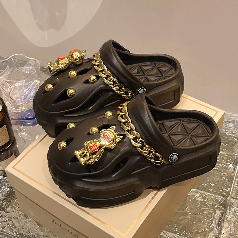 Women's Sandals Thick Soft Home Slippers Non-slip Outdoors Cool Chain Fashion Cozy Slides Easy Washing Breathable Cut-out Black03