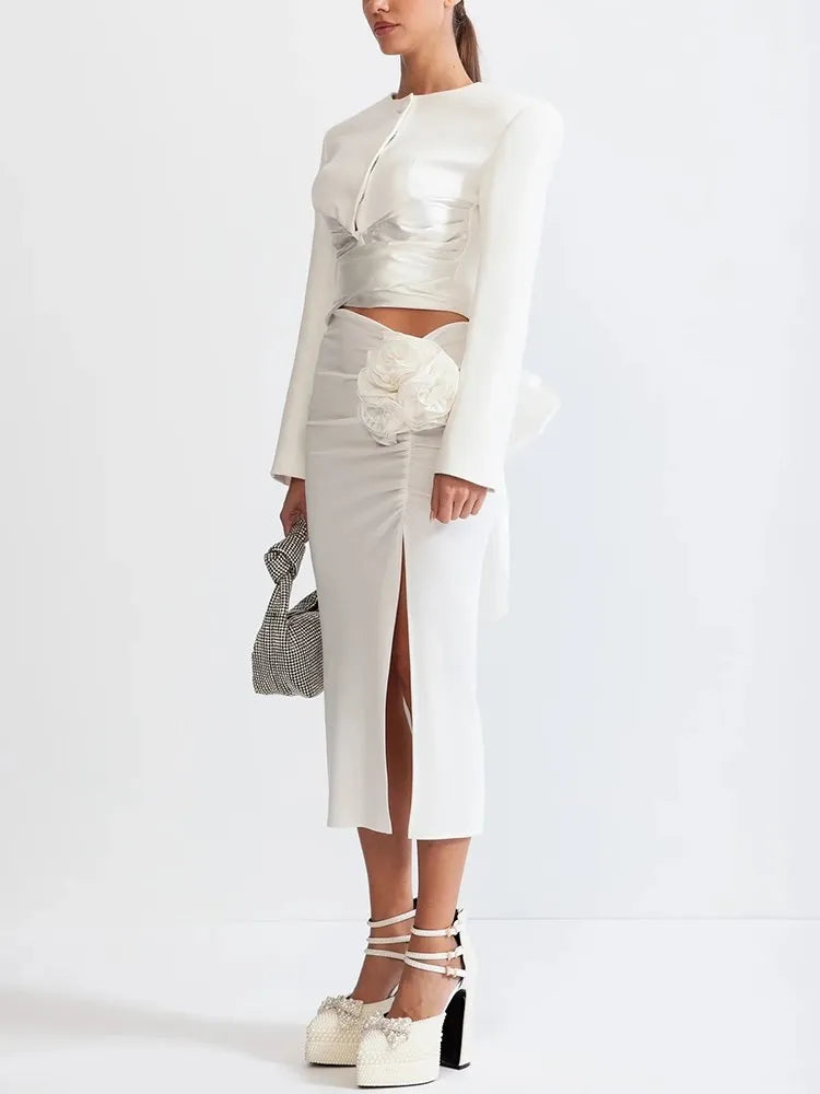 Chic Two Piece Set For Women Round Neck Long Sleeve Top High Waist Spliced Appliques Skirt Elegant Sets Female New