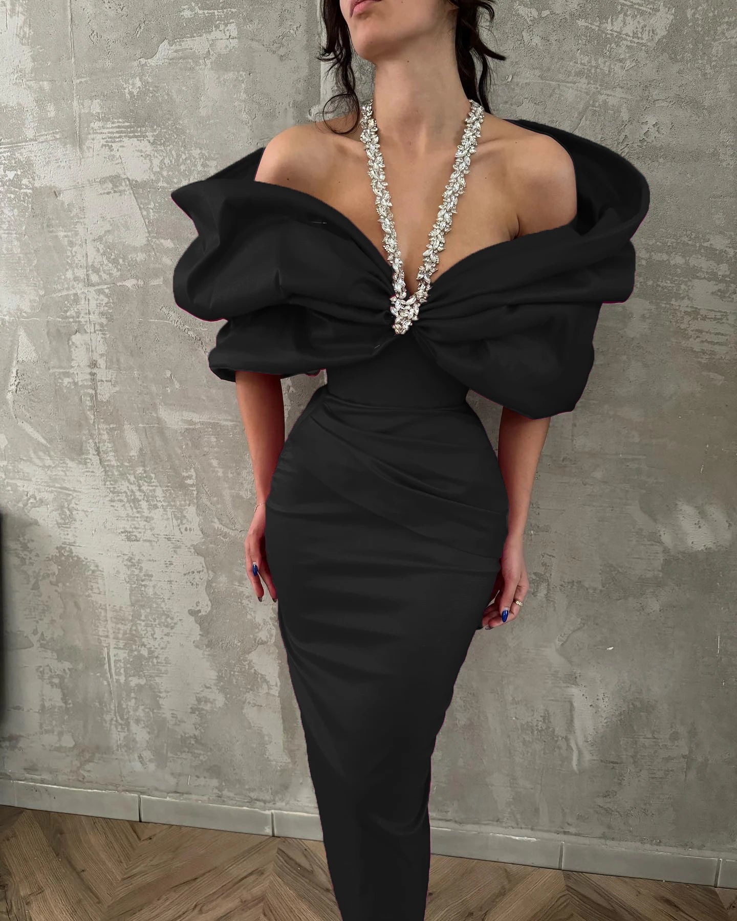 Red Black Women Sexy Halter Off the Shoulder Crystal Ruffles Bodycon Long Bandage Dress Nightclub Party Birthday Celebrate Wear black