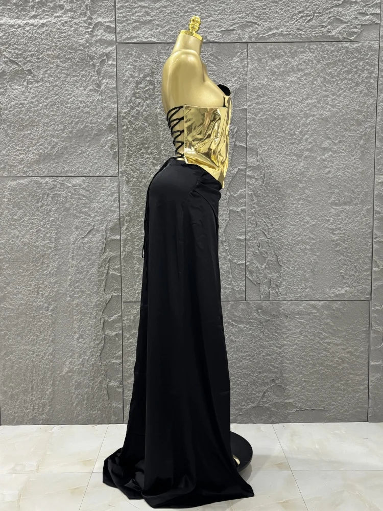 Hot Sale Discount Women Sexy Golden Tops Floor-length Skirt 2 Pieces Straight Dress Elegant Evening Party Celebrate Outfit