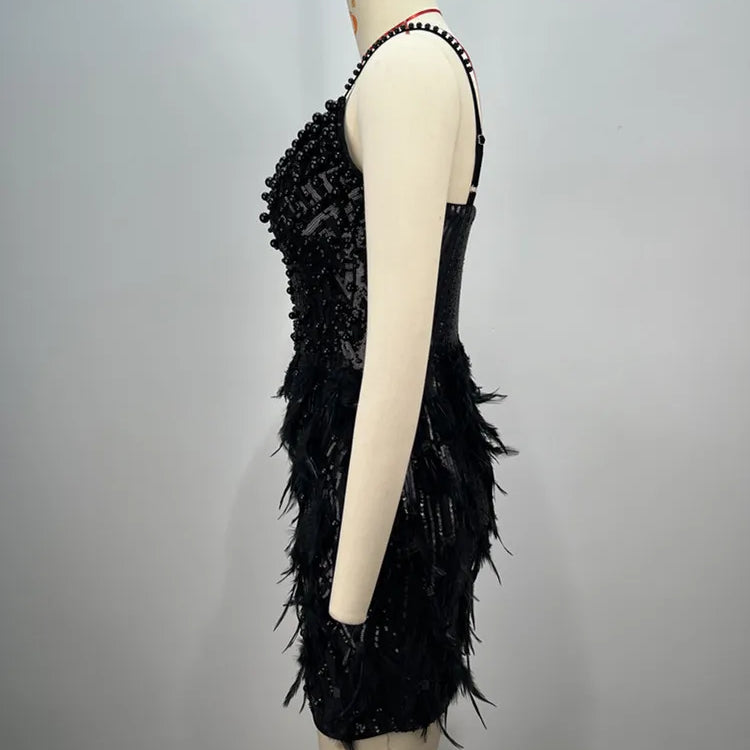 Sexy Sleeveless Backless Feather Black Pearl Sequins Mini Women Celebrity Dress 2024 Elegant Party Evening Club Vestido