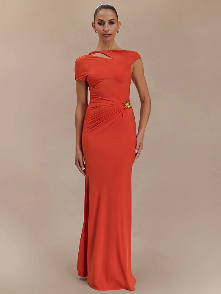 Mozision Hollow Out Gold Clasp Sexy Maxi Dress For Women Gown Solid Sleeveless Backless Ruched Bodycon Club Long Dress Elegant Orange