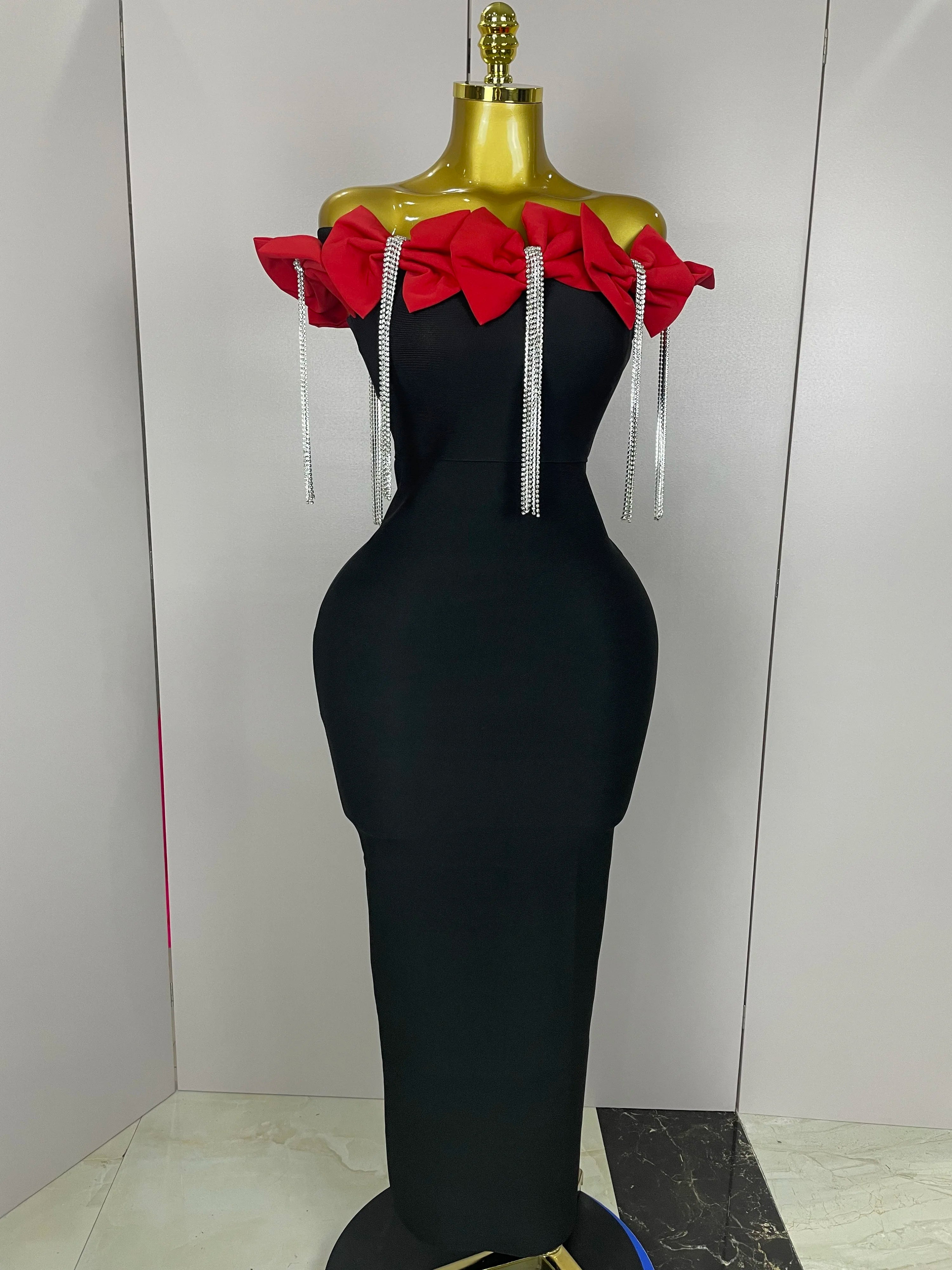 2025 Women Celebrity Sexy Off Shoulder Flower Diamonds Black Bow Tie Maxi Long XL Bandage Dress Elegant Evening Club Party Dress Red