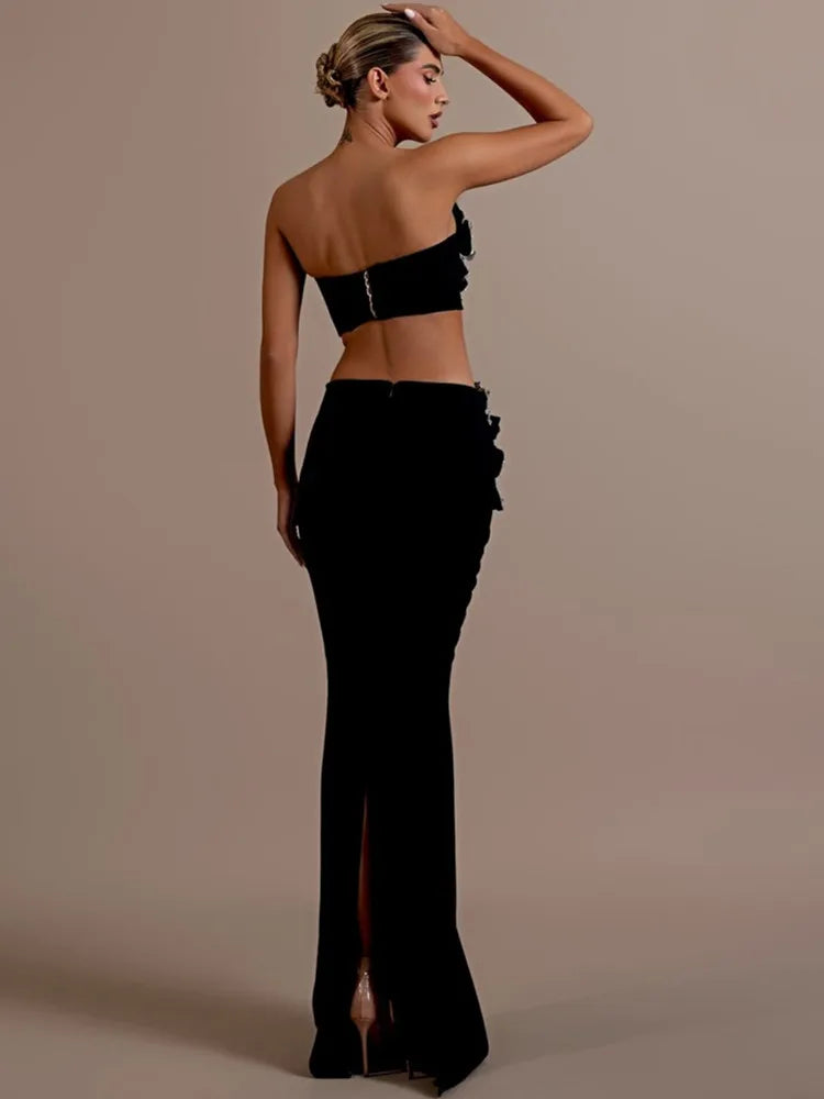 Women Sexy Strapless Flower Diamonds Crystal Black Maxi Long Bandage Skirt Set Knitted Elegant Evening Club Party Clothing
