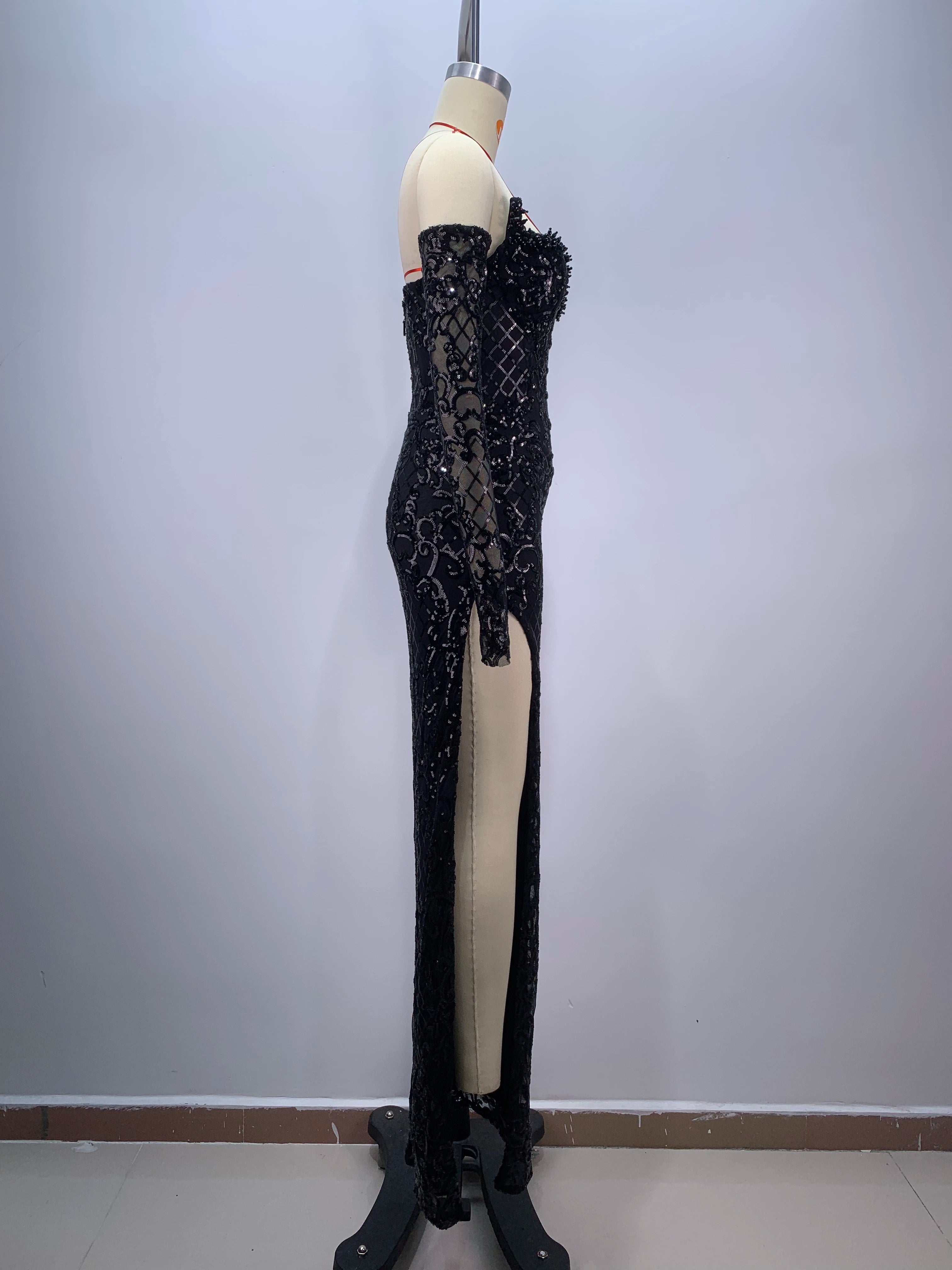 2024 Black Color Women Sexy Shinning Sequins High Split Bodycon Long Dress Gloves Celebrate Evening Party Prom Dress