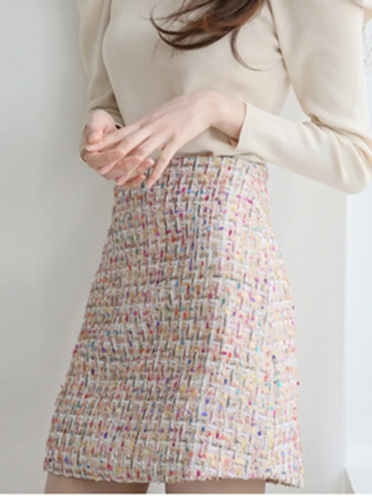 Autumn Women's Multicolored Gold Thread Woven Tweed A-line Skirt High Street All Match Slim Mini Skirts Ropa Mujer
