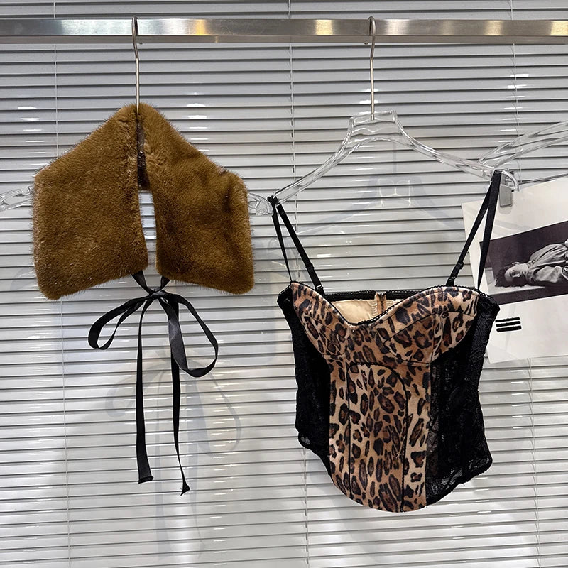 Winter New Trendy Fashion Furry Tie Shawl For Women Leopard Print Fishbone Backless Strap Camisole Female 11A07942