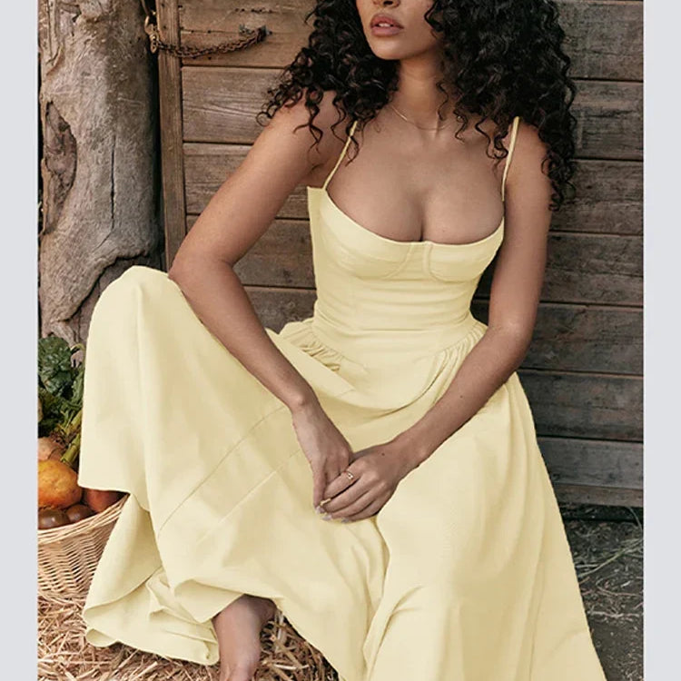 Women Sexy Solid Sling Midi Dress Fashion Sleeveless Backless Pleated Hem Dresses Summer Female Party Evening A-line Robes Yellow