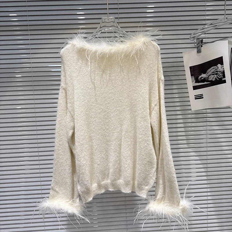 Winter Fashion Feather Trim Loose Elastic Knit Sweater For Women Solid Color Versatile Pullover 11A07673 Creamy-white One Size