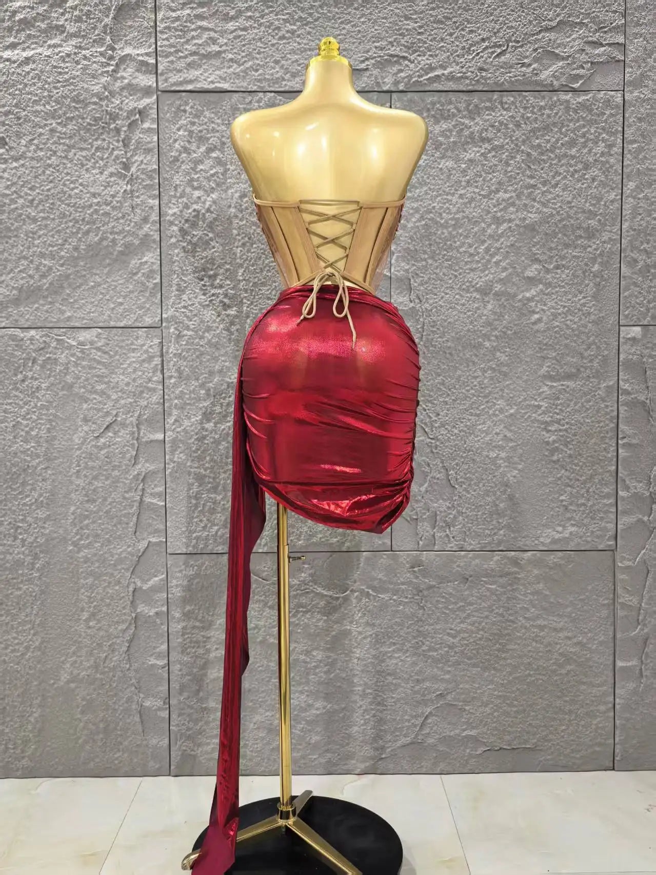 Shinning Crystal Women Sexy Strapless Laced-up 2 Pieces Bodycon Mini Dress Celebrate Nightclub Party Bar Singer Stage Wear