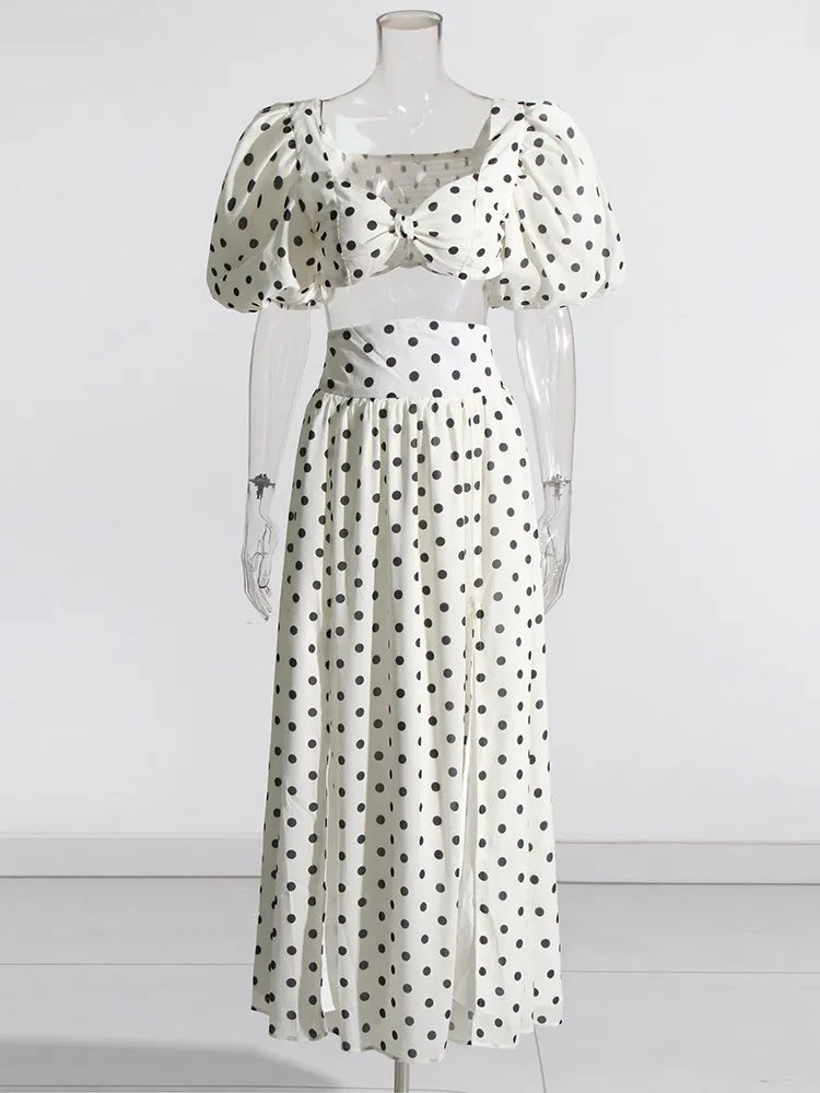 elegant Polka dot two piece sets square collar puff sleeve tops high waist split skirt chic set female fashion 2023