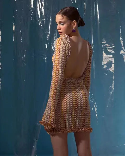 Backless Knitted Beach Dress Women Fashion Hollow Out Mini Boho Dress Summer Elegant Colorful Long Sleeve Bikini Cover Up 2024 brown