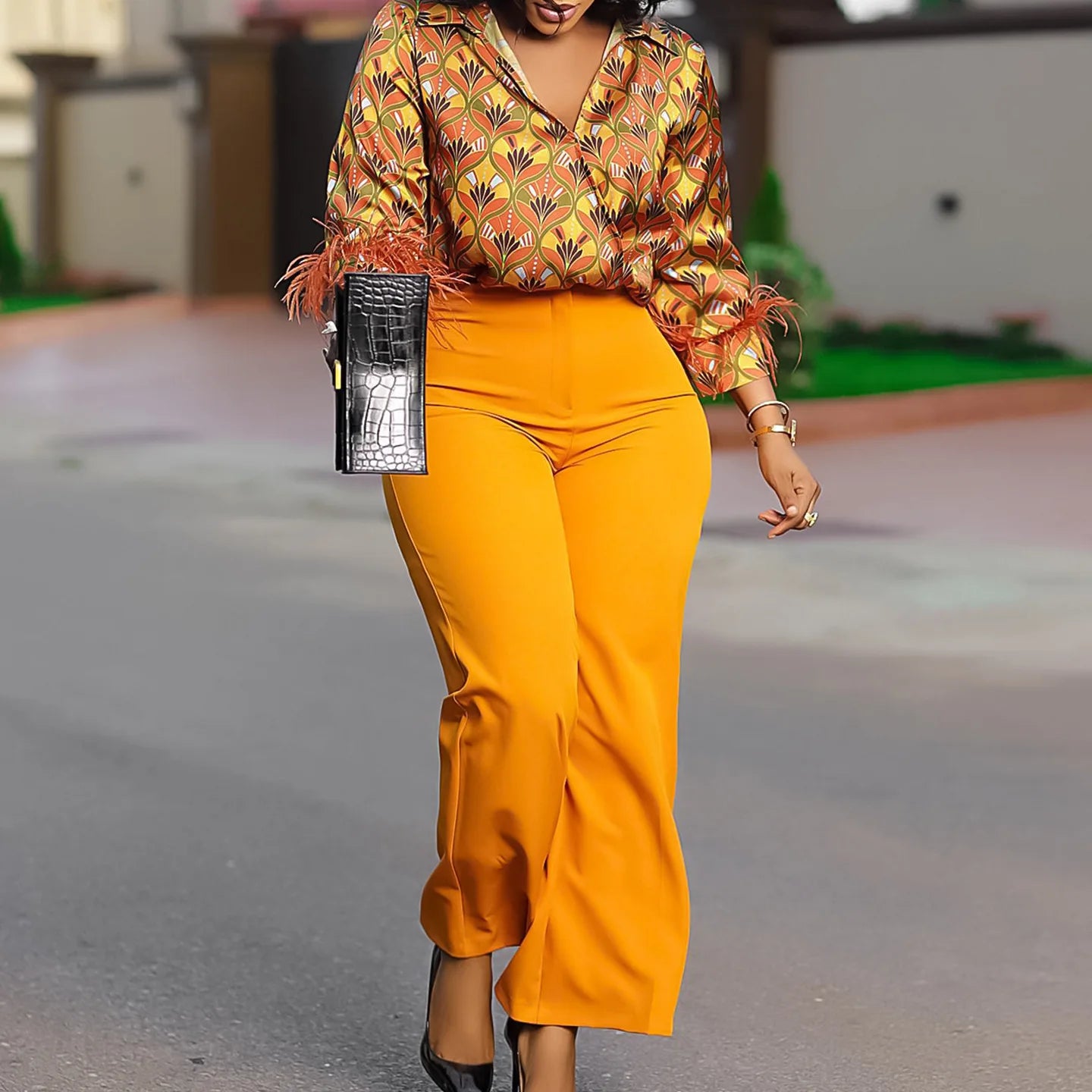 2 Piece Women Sets 2025 Plus Size Spring Summer Matching Sets Print Two Pieces Sets Top Pants Suits Outfits Clothing Yellow