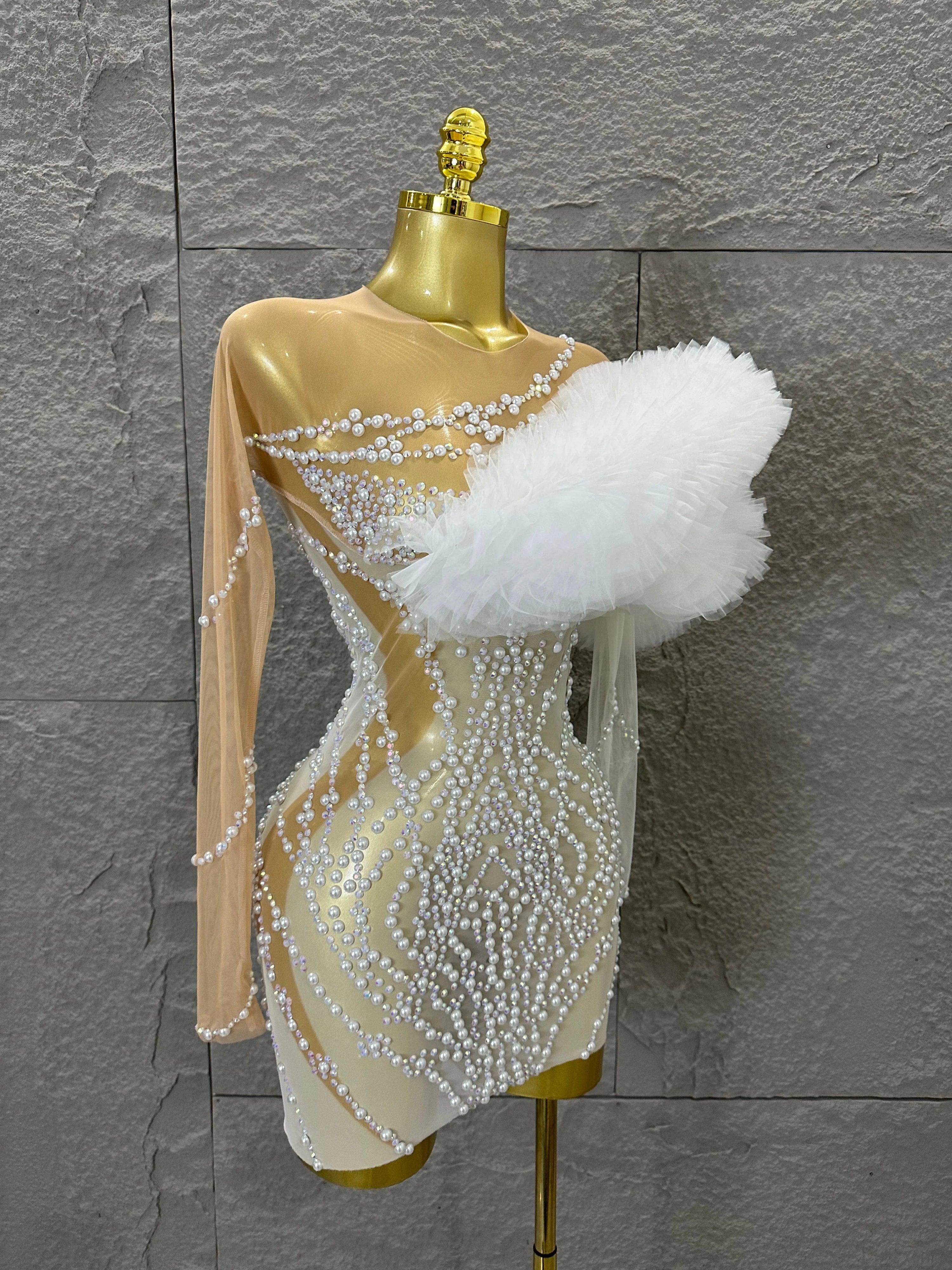Luxurious Nude Sheer Mesh Mini Dress Women One-Shoulder Pearl Beaded Ruffle Tulle Bodycon Evening Costume