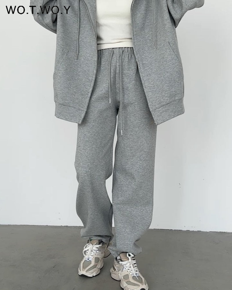 WOTWOY décontracté polaire sweats à capuche et pantalons 2 pièces ensembles femmes tenues automne hiver pantalons de survêtement femme gris pulls