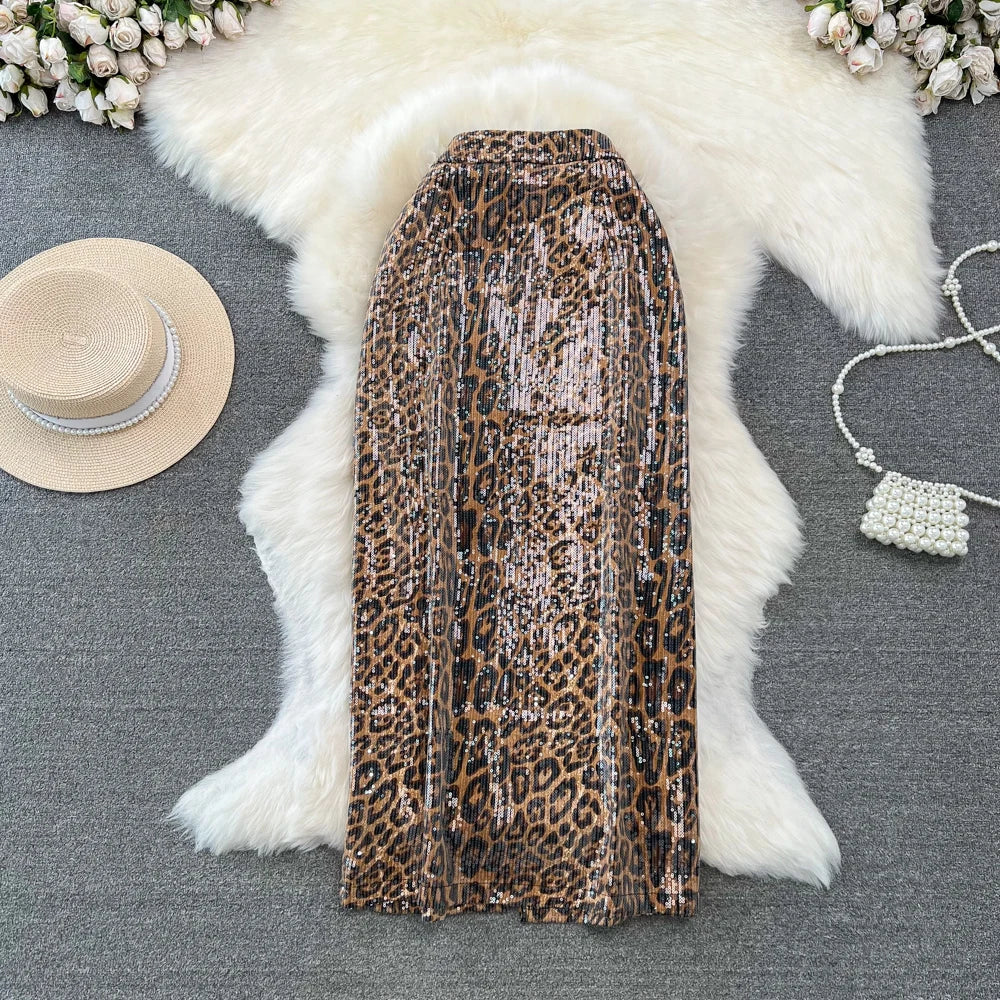Women Chic Shinning Print Midi Skirt Zipper High Waist Leopard Zebra Wild Style Retro Long Skirts Mujer Dark Brown
