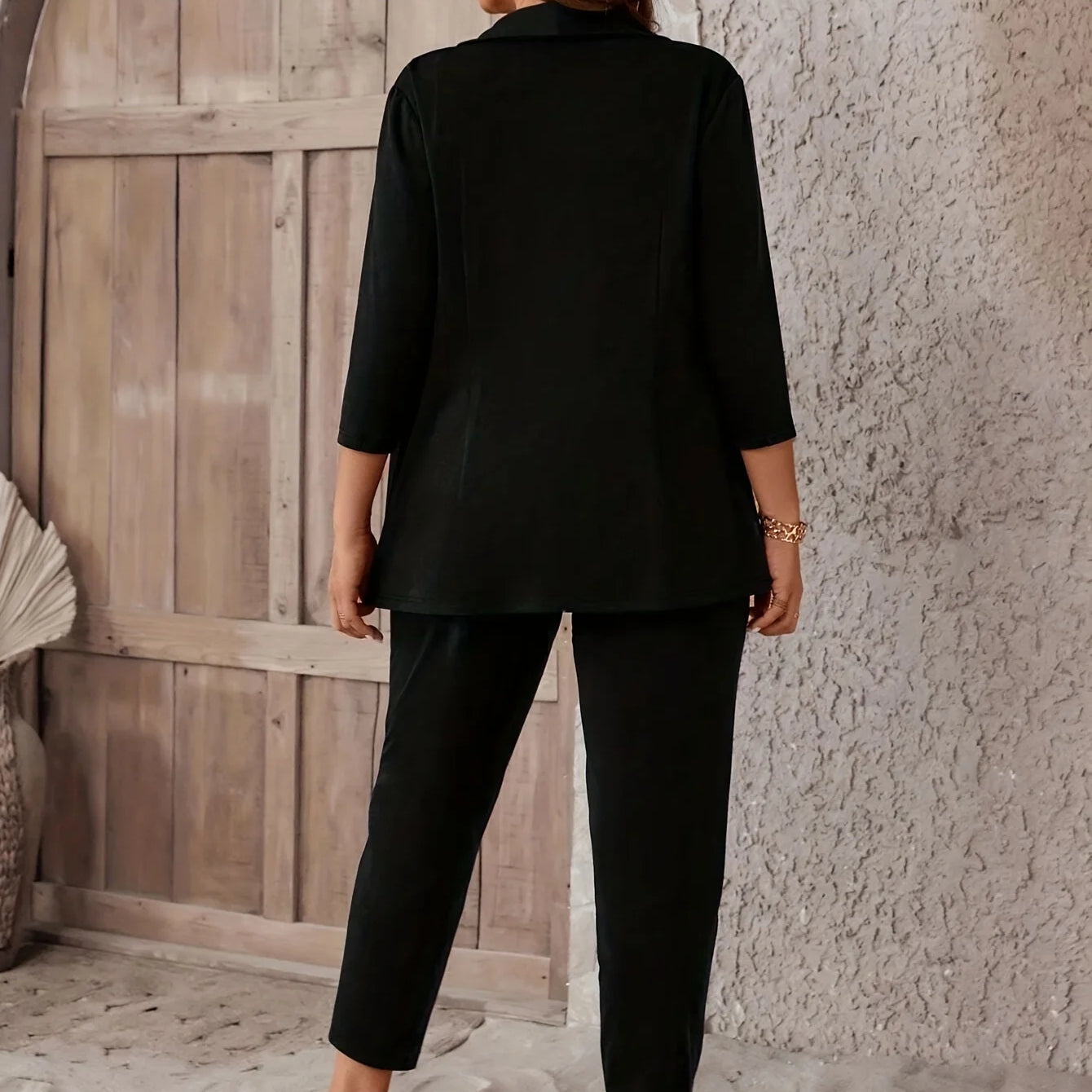 Plus Size Women's Elegant Suit Jacket Set Casual Fashion Office Lady Solid Blazers Coats Pants 2 Piece