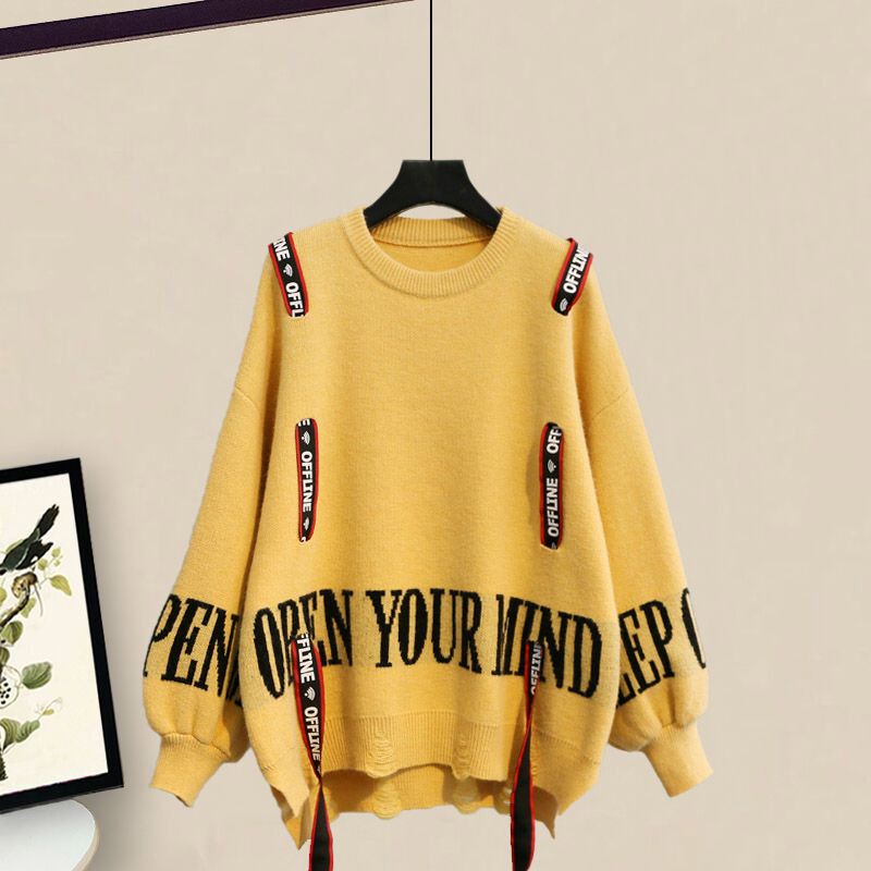 Winter New Ribbon Knitting Sweater Pullover Casual Overalls Two-piece Elegant Women's Pants Set Tracksuit Fall Outfits Women yellow sweater