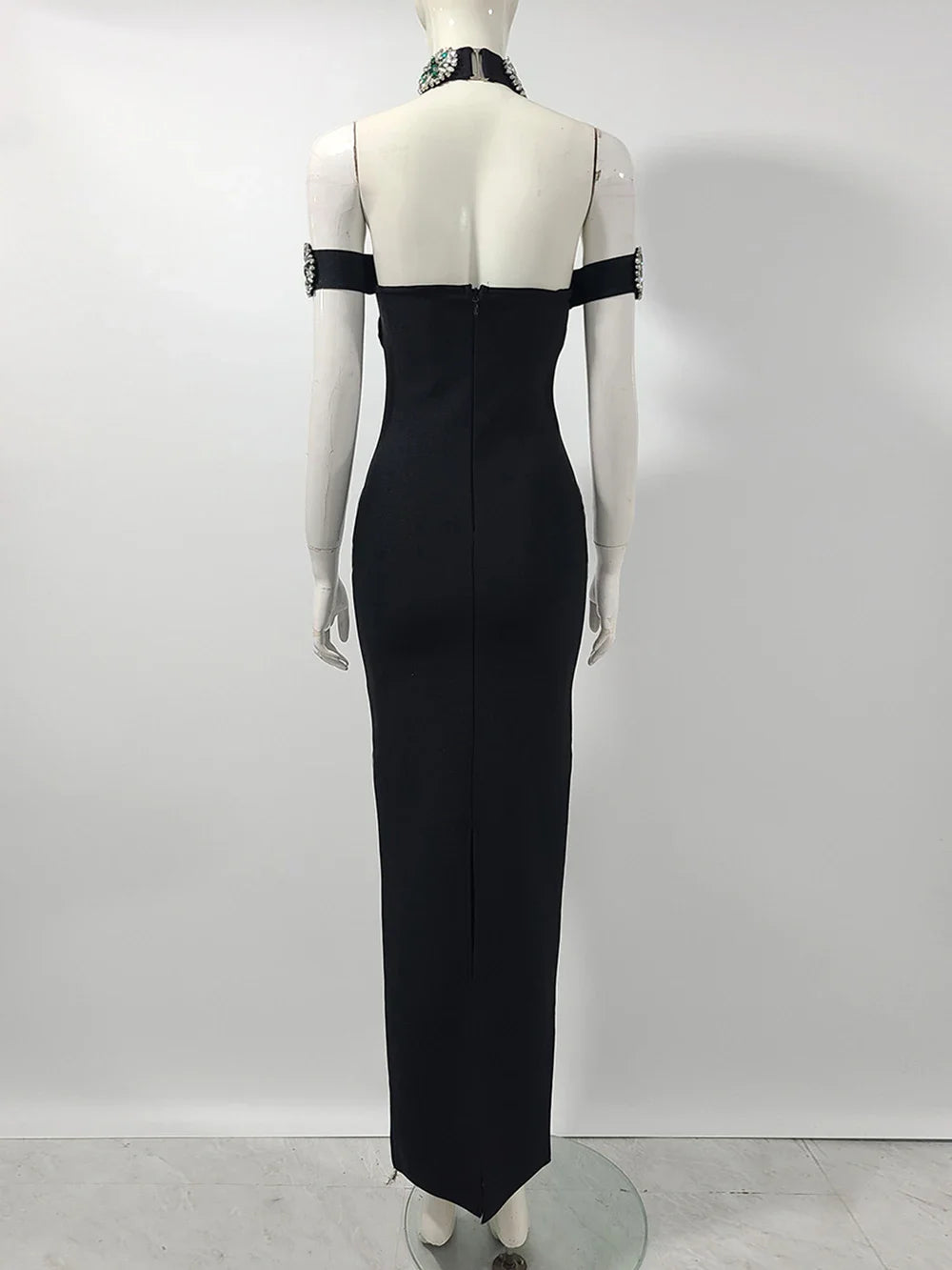 2025 Sexy Women Light Luxury Nail Bead Bandage Dress Hanging Neck Shoulder Short Sleeve Bodycon Long Dress Evening Party Vestido