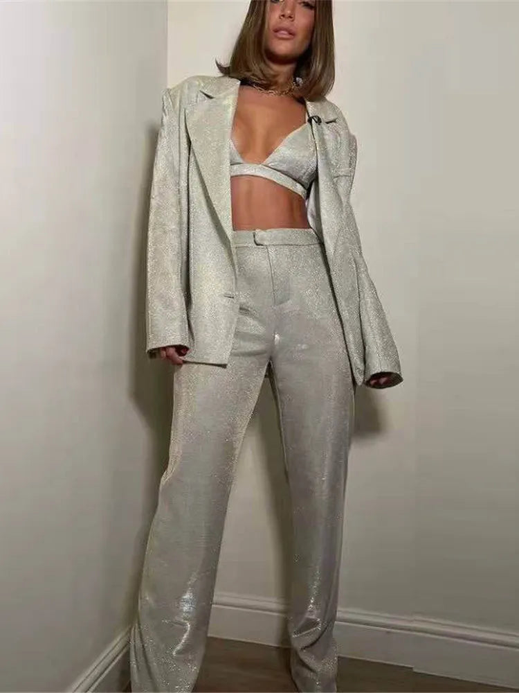 Shiny Pant Suit Women Design Sexy Party Club Blazer Sets With Underwear Fashion 2022 Spring Female Coat And Straight Pants