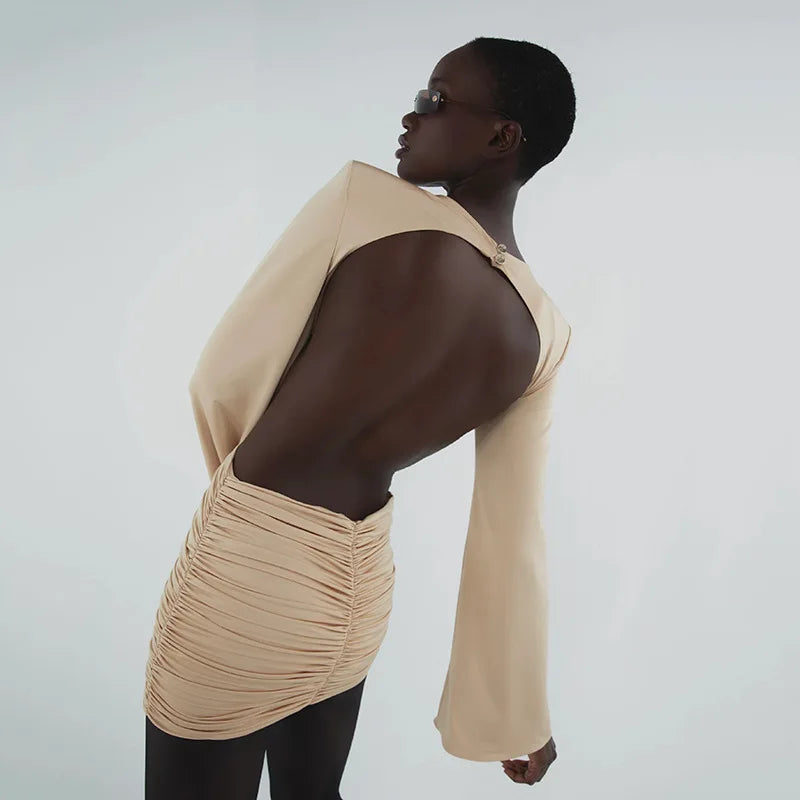 BoozRey Sexy Deep V Flower Long Sleeves Backless Dress 2023 Summer Elegant with Shoulder Pad Mini Dress Party Club Outfits Women