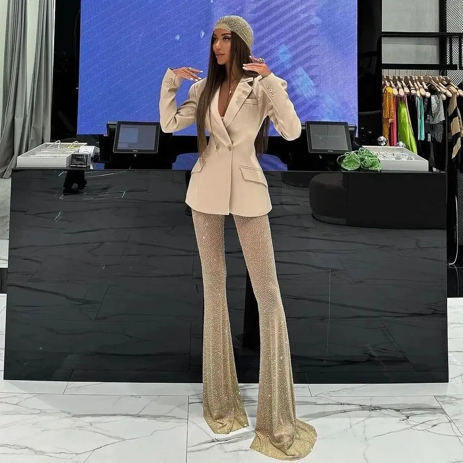 New Stylish Woman Oversize Suit Coat And Shining Diamonds Mesh Pants 2 Pieces Set Fashion Woman High Street Wear Party Outfit Beige
