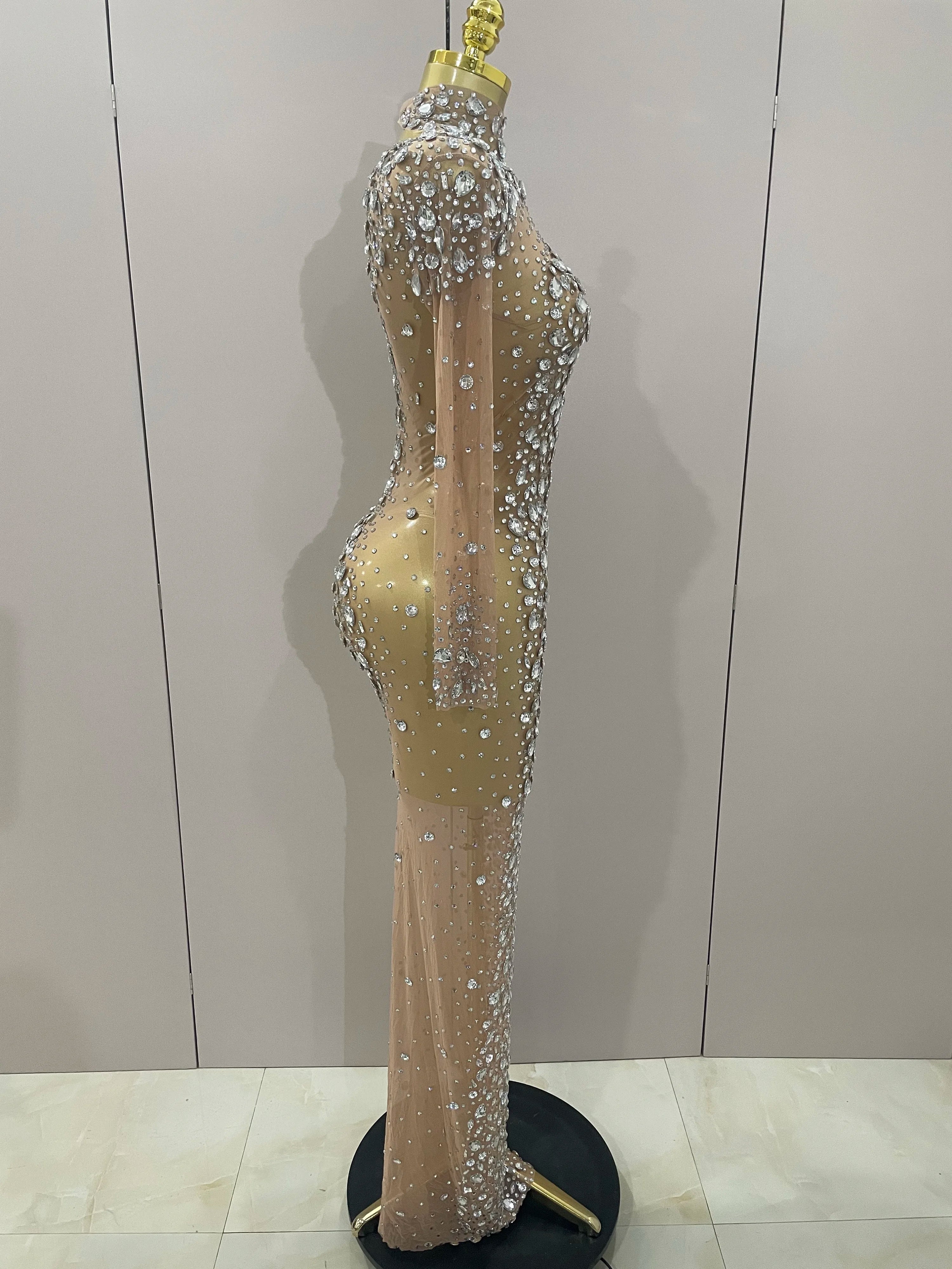 Sparkly Silver Big Rhinestone Sexy Transparent Long Dress 2025 Women Evening Birthday Party Celebrate Club Dancer Stage Costume