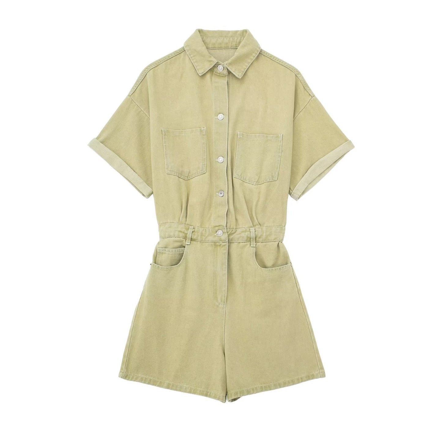 TARUXY Lapel Pocket Denim Jumpsuit Women Sexys Short Sleeve Slim Bodycon Ropa De Mujer Casual Overalls One Piece Womens Clothing