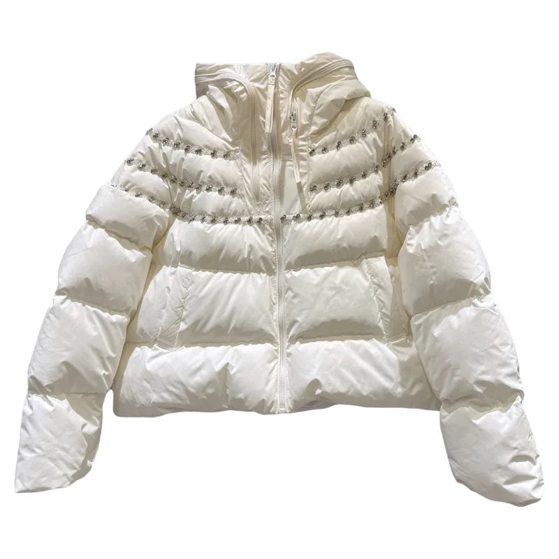 Winter New Heavy Industry Diamond Edge Pleated Hooded Warm Jacket For Women Loose Cotton-padded Coat Female 11A07830
