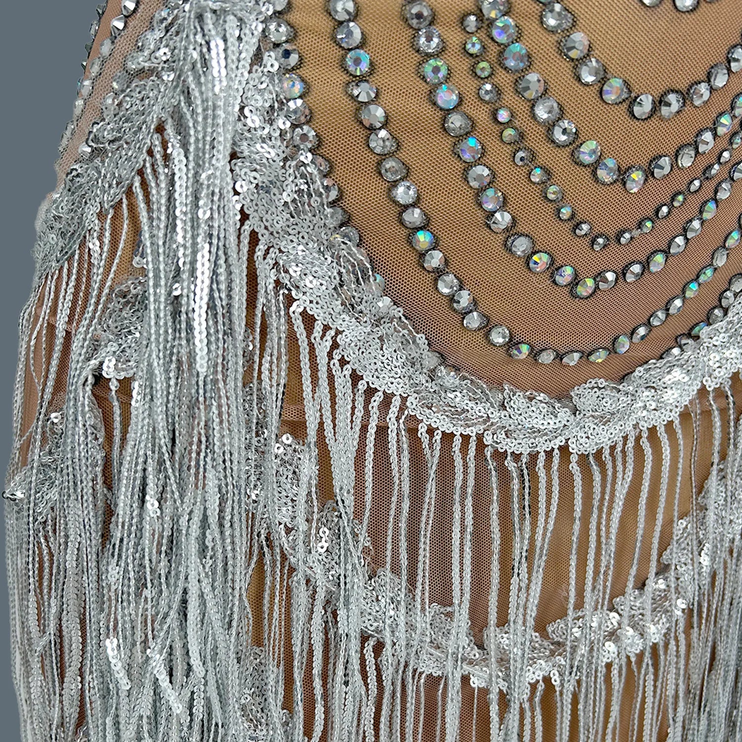 Shining Diamonds Tassel Dress Sexy Women Elastic Perspective Crystal Dress Singer Stage Costumes Latin Dance Dress Diaodeng