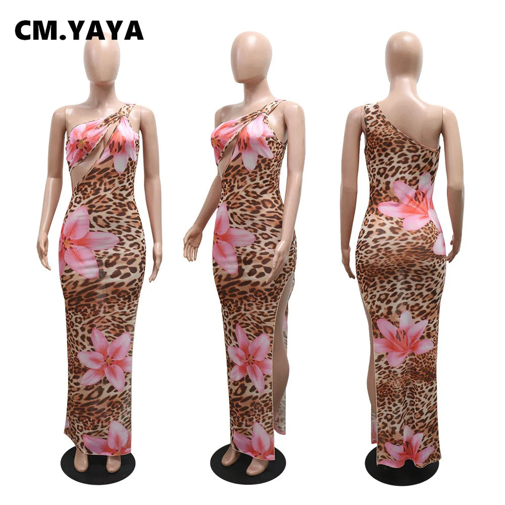 Women Floral Leopsrd Printed Sleeveless High Side Split Long Maxi Dress 2025 Skew Collar Sexy Birthday Party Dresses