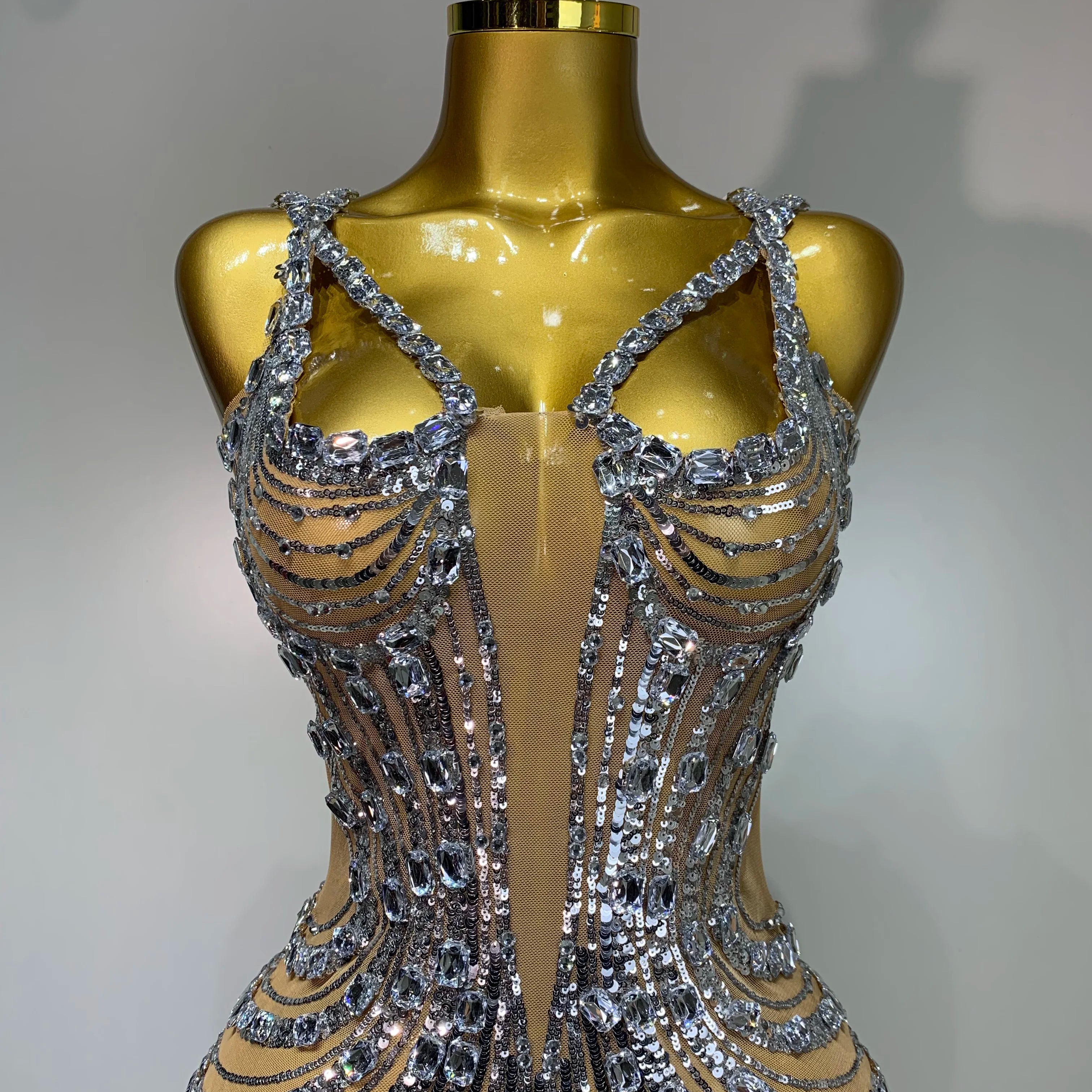 Sexy Silver Rhinestone White Mesh See Through Long Dress Women Luxury Birthday Party Prom Gown Singer Nightclub Stage Outfit