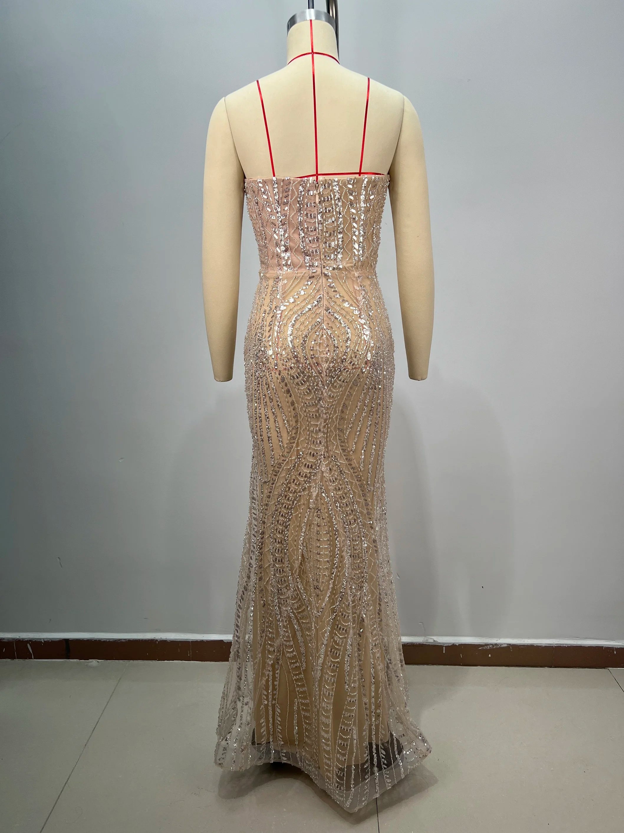 Luxury Diamond Champagne Sequins Sexy Straplerss Ankle Length Dress Woman Birthday Party Dress Celebrity Cocktail Party Vestido