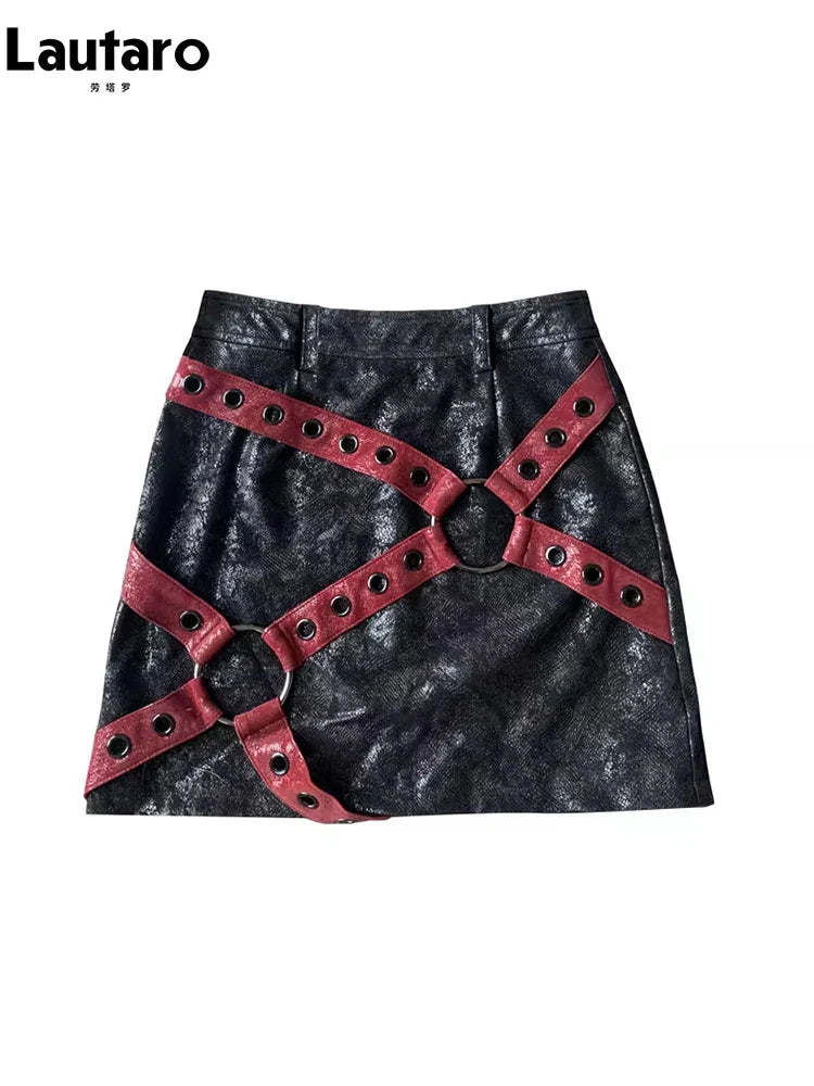 Spring Summer Cool Red and Black Patchwork Pu Leather Mini Skirt Women High Waist Short Luxury Designer Y2K Clothes 2023