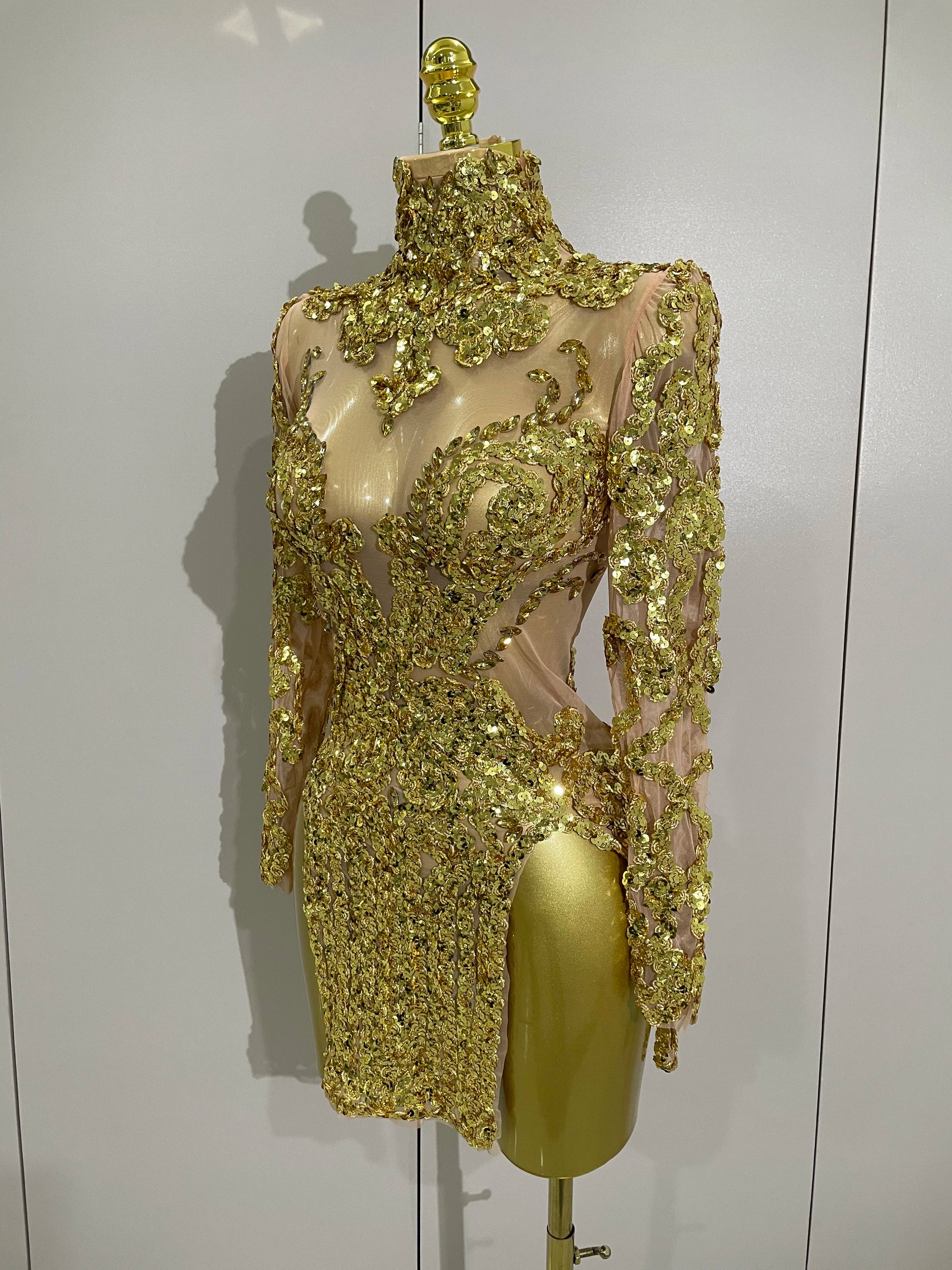 Luxury Sparkly Sequins Stretch Long Sleeve Mesh Mini Dress 2025 Women Birthday Party Nightclub Dancer Stage Performance Costume