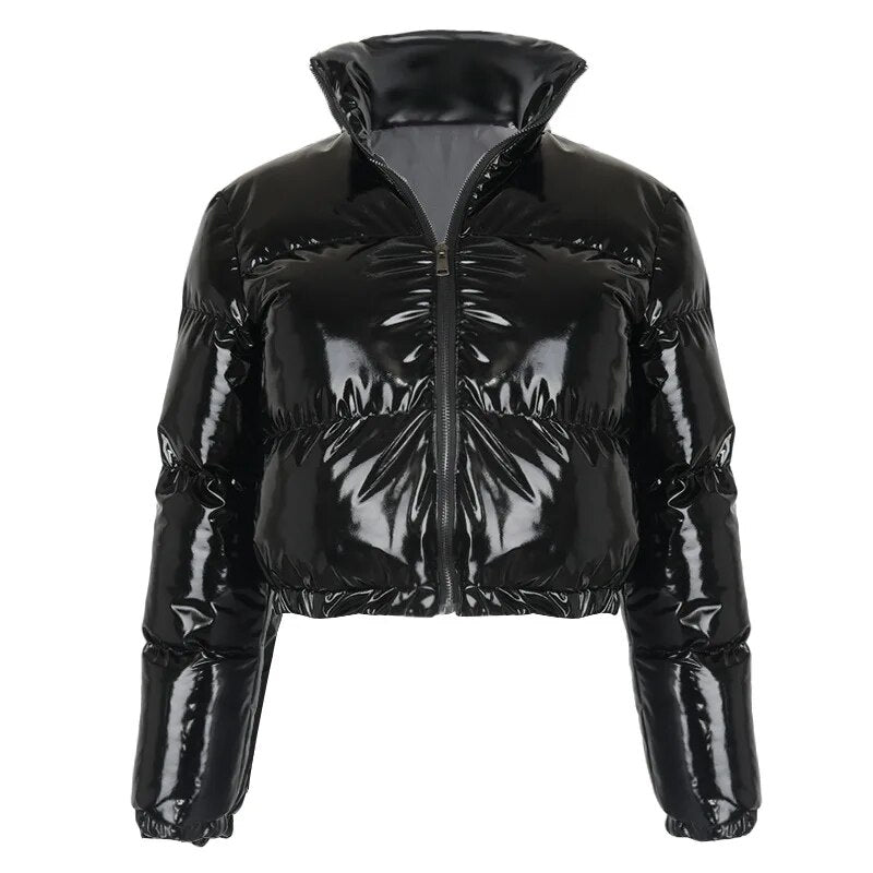 Winter New Women's Fashion Solid Color Zipper Bright Surface Warm Cotton-padded Jacket Top Black