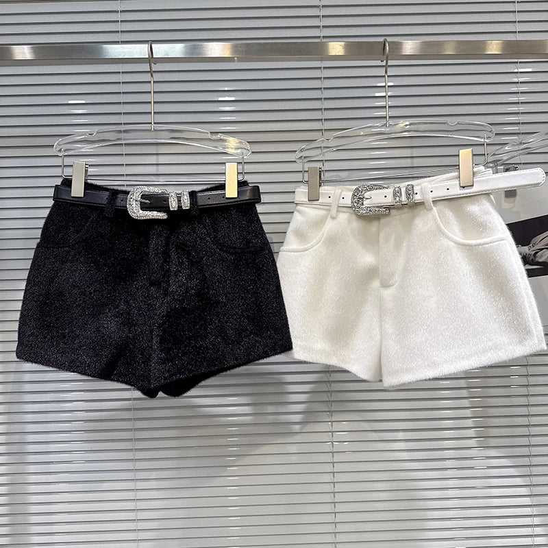Winter New Fashion Rhinestone Buckle Belt Furry Fabric Shorts For Women Solid Color Versatile Boot Pants 11A07760