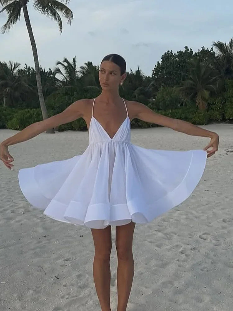 Elegant Yellow Pleated A-line Hem Mini Dress Women Sexy Sleeveless Open Back Lace-up Dresses Summer Lady Holiday Beach Vestidos