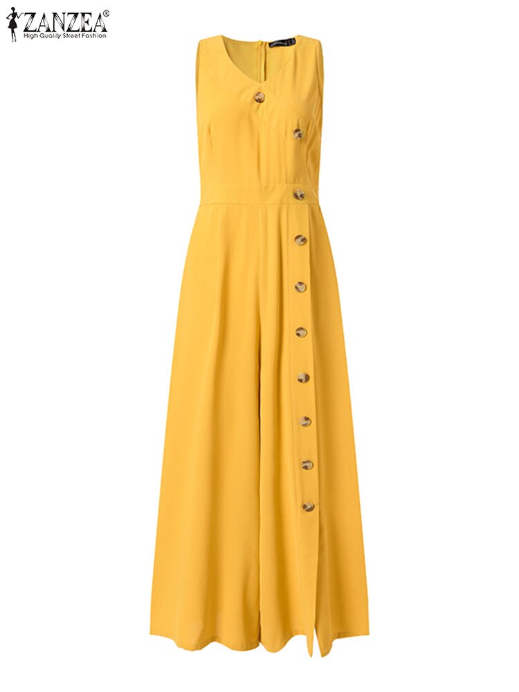 ZANZEA Wide Leg Pant Buttons Split Jumpsuits 2024 Summer Casual Fashion Sleeveless Long Rompers Women V Neck Wasited Playsuits