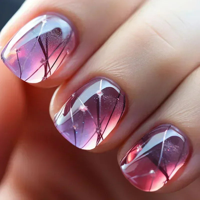24Pcs Fashion Fake Nails Press on Short Square Head False Nail Art Black Starlit Sky Design Artifical Full Cover Nail Tips 1312