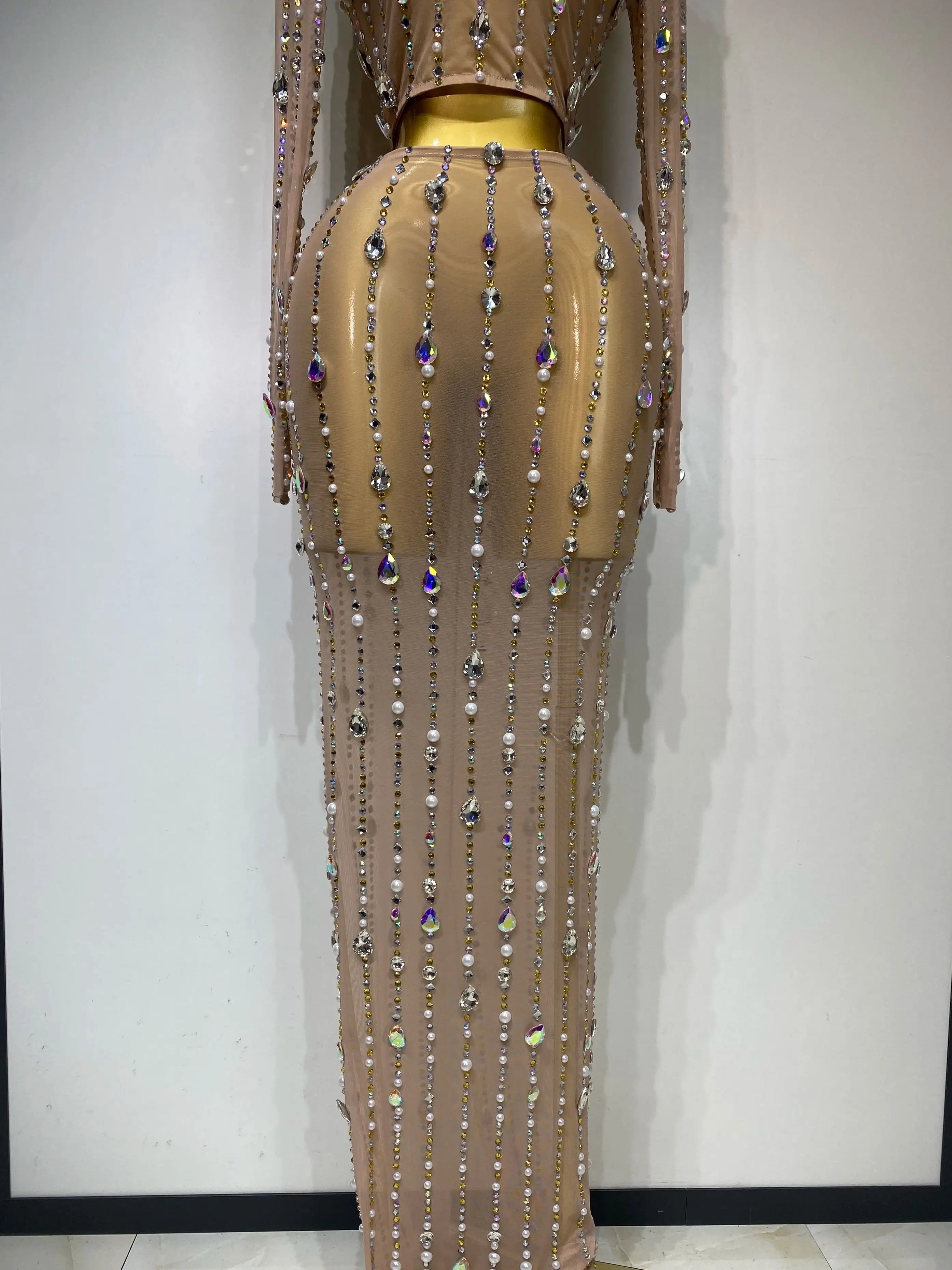 Women Sparkly Rhinestones Top Long Skirt Two Pieces Set Singer Dancer Nightclub Stage Performance Costume Luxury Birthday Dress